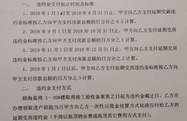 "2018年初的时候,业主联合起来到售楼处维权,提高延期交房违约金的