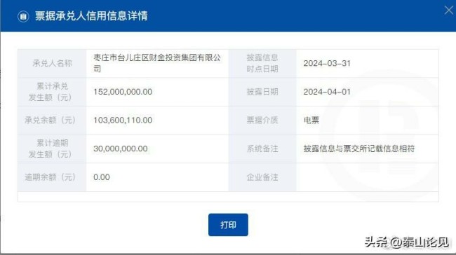 上海票交所披露商票逾期名单，枣庄市台儿庄区财金投资集团有限公司在列