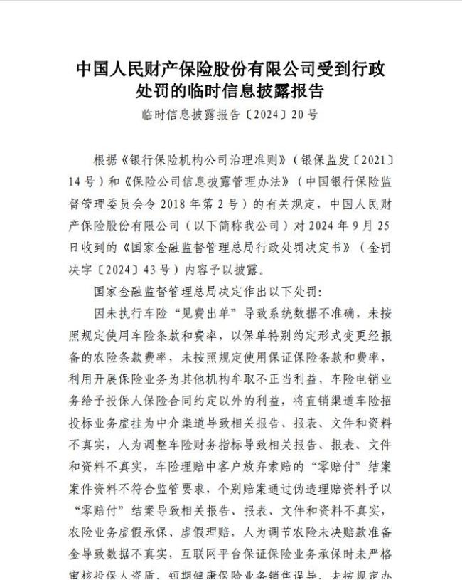 因违反保险法有关条例，人保财险被罚1115万！年内合计被罚超4000万！