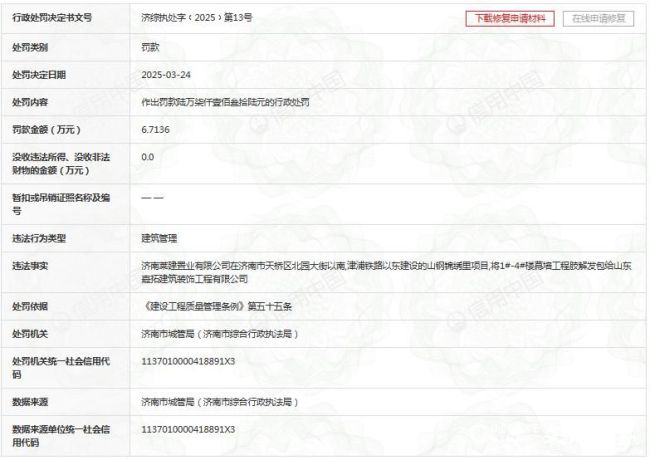 济南莱建置业涉嫌将工程肢解发包，同日连收4张罚单