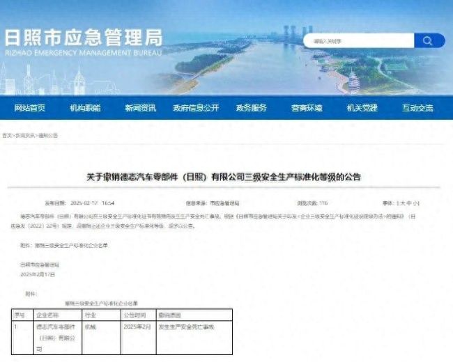 因安全生产事故德志汽车零部件（日照）有限公司被罚款50万元