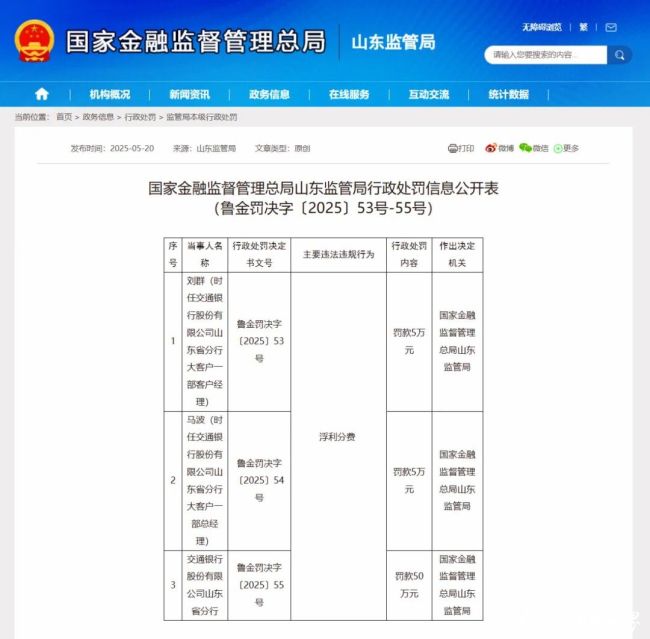 交通银行山东省分行及省内多地分支机构接连被罚，仅因“浮利分费”罚款超百万元
