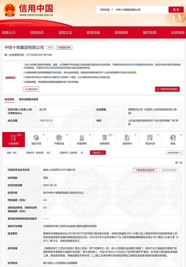 未按规定存储工资保证金、伪造工程资料，中铁十局连吃3张罚单
