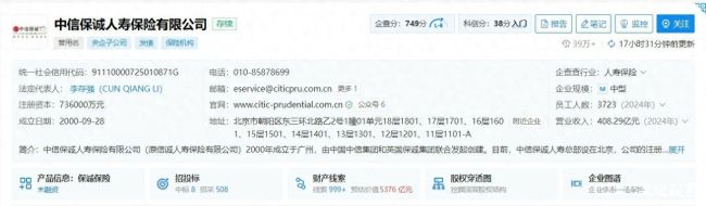 因财务数据不真实等违法行为,中信保诚人寿北京分公司被罚80万,4名责任人领罚