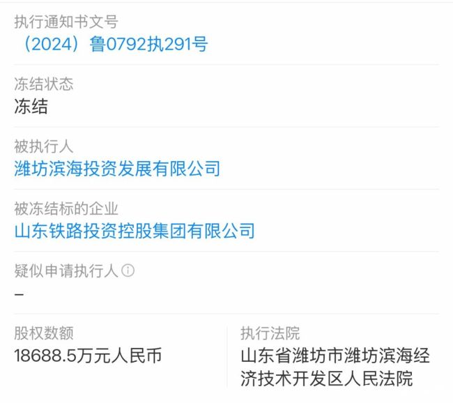 股东潍坊滨海投资发展有限公司成被执行人,山东铁投集团1.87亿元股权被冻结