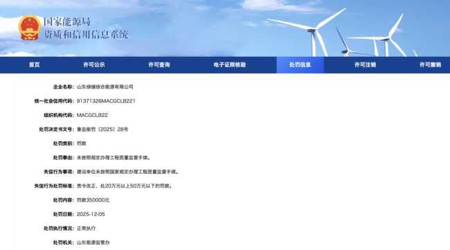 因未按照规定办理工程质量监督手续，山东绿储综合能源公司被罚35万元