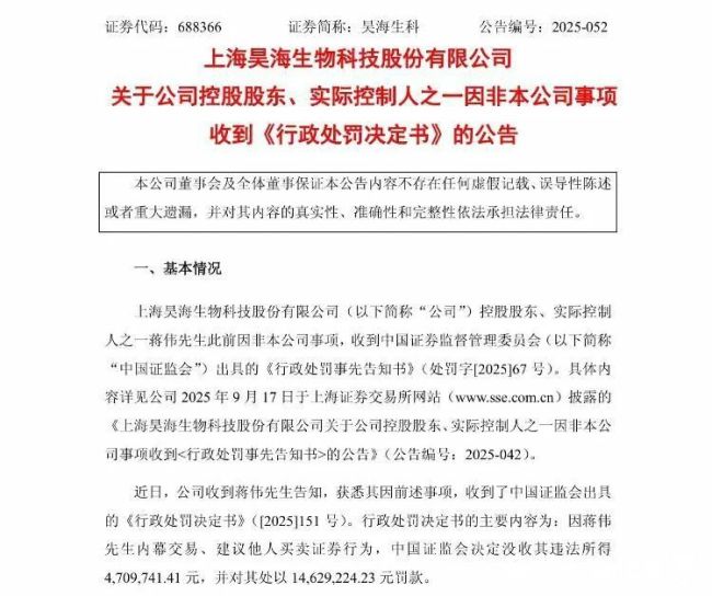 营收净利双降之际,昊海生科实控人蒋伟因内幕交易领1934万罚单