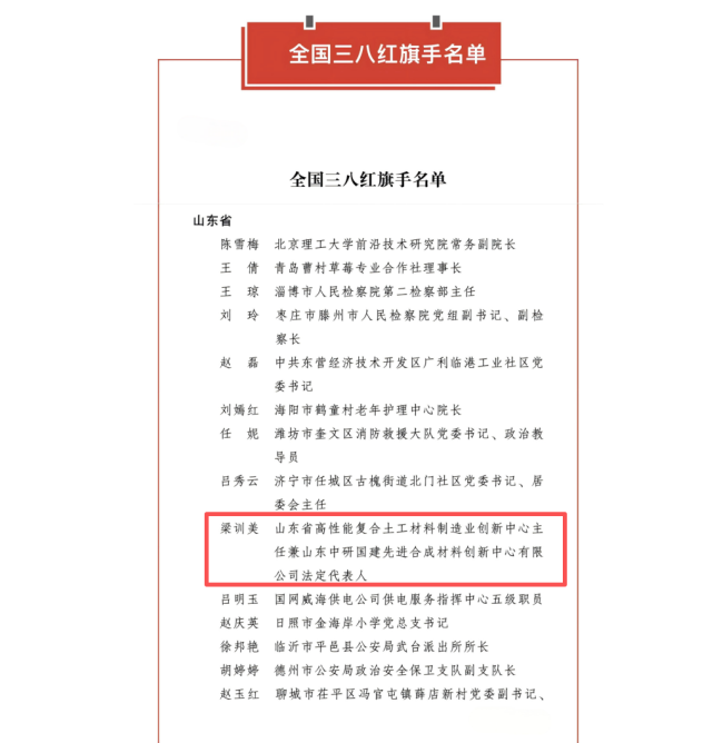山东路德新材料股份有限公司董事长梁训美荣获“全国三八红旗手”称号