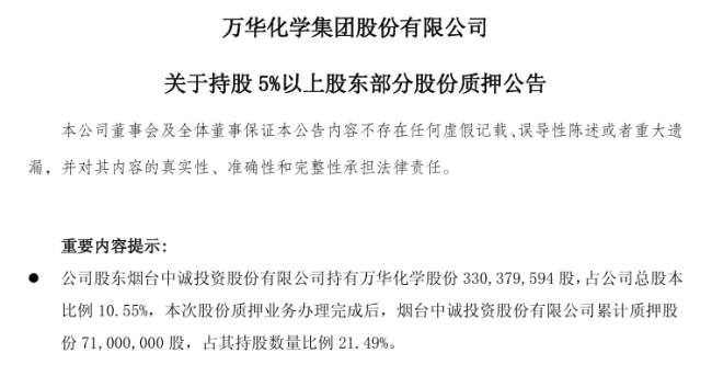 万华化学股东中诚投资质押1600万股给西藏信托