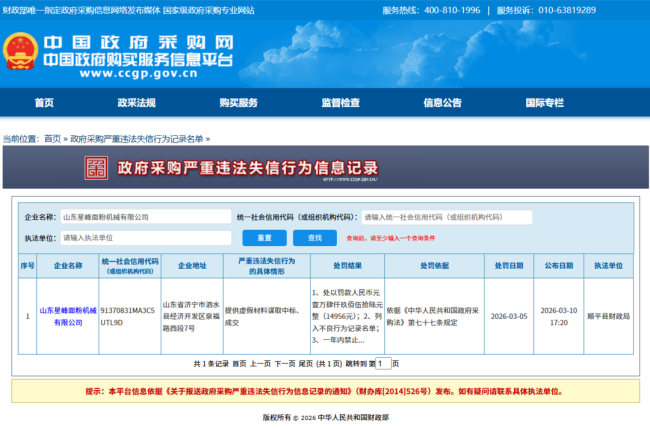山东星峰面粉机械提供虚假材料谋取中标，被禁入政府采购市场一年