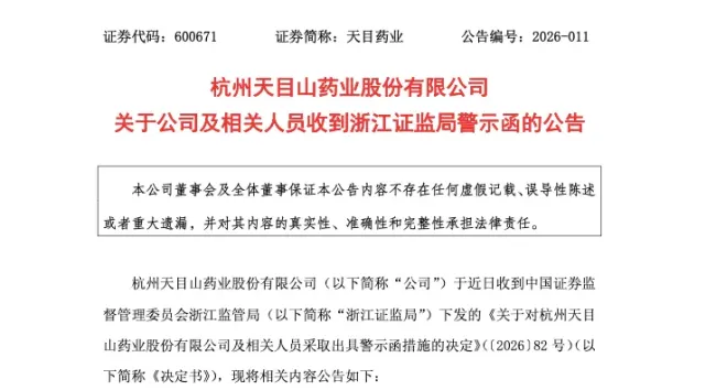 摘帽未满一年再触合规红线——天目药业及三高管遭证监局、上交所双重警示