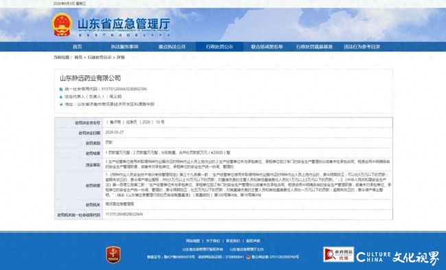 因两项安全生产违法事实，山东静远药业被行政处罚