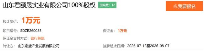 滨州邹平国资全资控股山东宏盛产业发展有限公司1万元转让旗下君颐晟实业，后者去年至今营收超10亿元，净利润却亏损