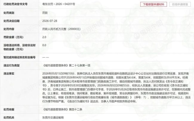 济南城建集团未取得路政施工许可,擅自在东莞南城挖掘道路被罚2万元