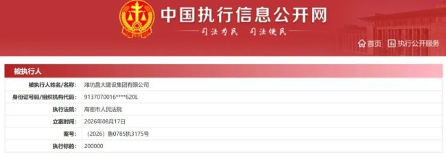 潍坊昌大建设集团有限公司成被执行人，多家直接对外投资企业也频现被执行人信息