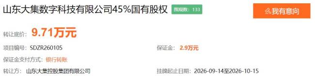 临沂兰山国资旗下山东大集控股集团拟转让山东大集数字科技45%国有股权，标的公司年营收不足5万元且持续亏损