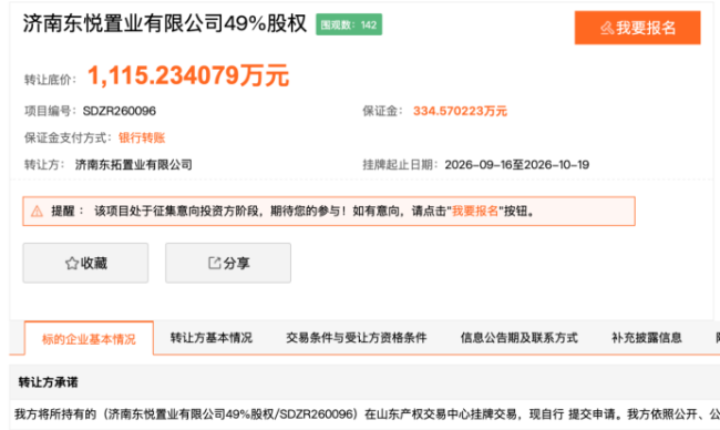 底价1115万元，济高控股旗下东拓置业挂牌转让东悦置业49%股权