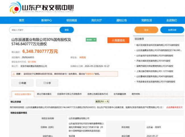 菏泽城投置业拟以6348.78万元底价转让辰通置业30%股权及债权，标的公司营收连续为0且持续亏损