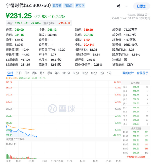 宁德时代盘中跌超10%，股价较年内高点腰斩