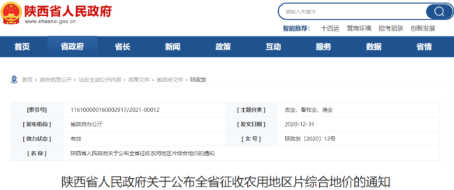 陕西省人民政府关于公布全省征收农用地区片综合地价的通知