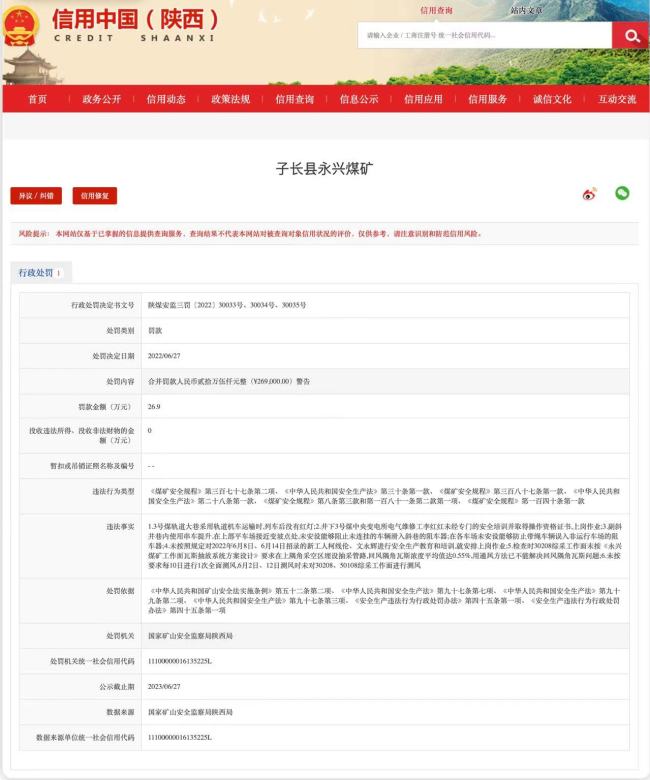 多个行为违反安全规程，子长县永兴煤矿被罚款26.9万元
