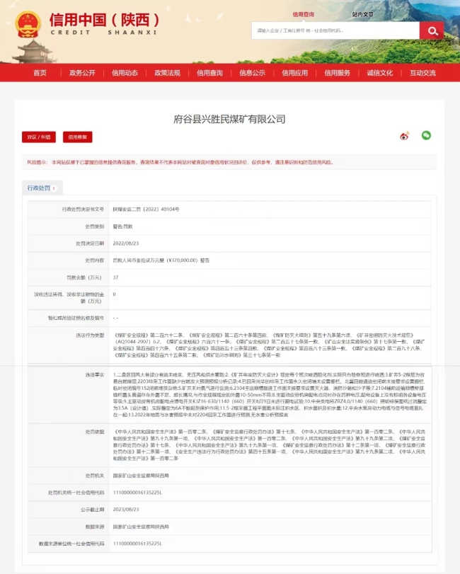13个行为违反安全生产，府谷县兴胜民煤矿被罚款37万元