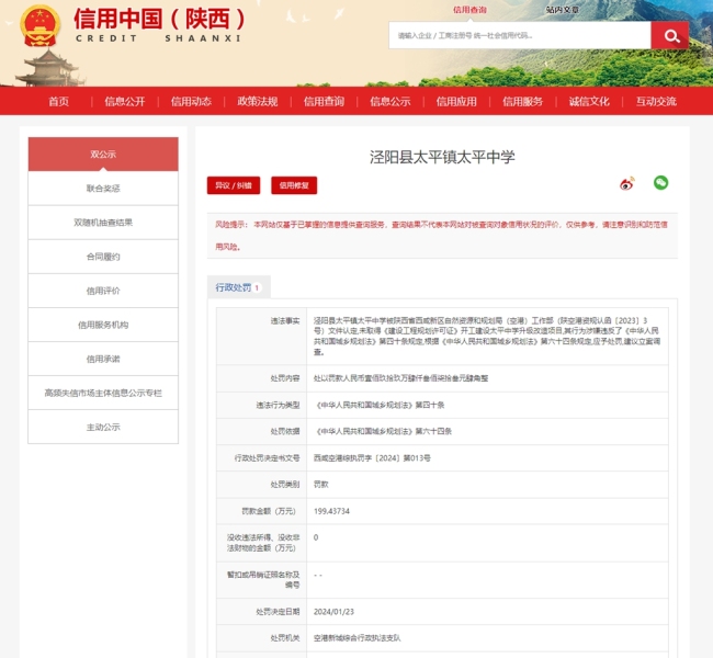 项目未取得《建设工程规划许可证》 泾阳县太平中学连吃2张罚单被罚1178.59万元