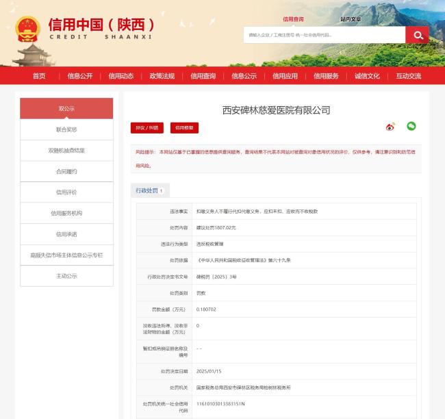违反税收征收管理法，西安碑林慈爱医院被处罚