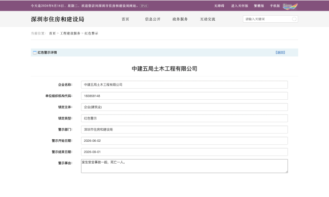 中建五局土木公司发生安全事故致1人死亡,被深圳住建局红色警示3个月