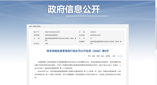 设备泄压引发车辆脱轨 大唐蒲城第二发电有限责任公司被罚6万元