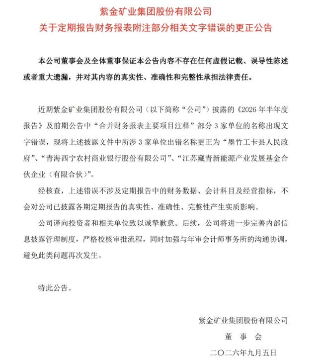 “县人民政府”写成“县人民币政府”，“新能源”写成“新熊源”，紫金矿业道歉