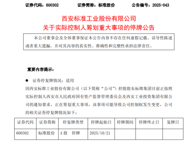 标准股份实控人筹划重大事项！今起停牌！