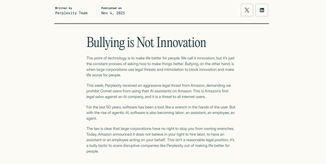 亚马逊对Perplexity下“逐客令”：带着你的AI代理滚出我的地盘