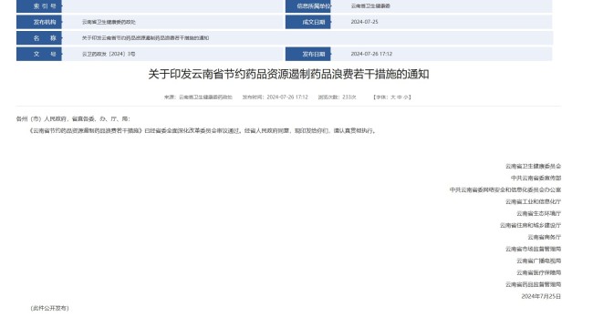 关于印发云南省节约药品资源遏制药品浪费若干措施的通知