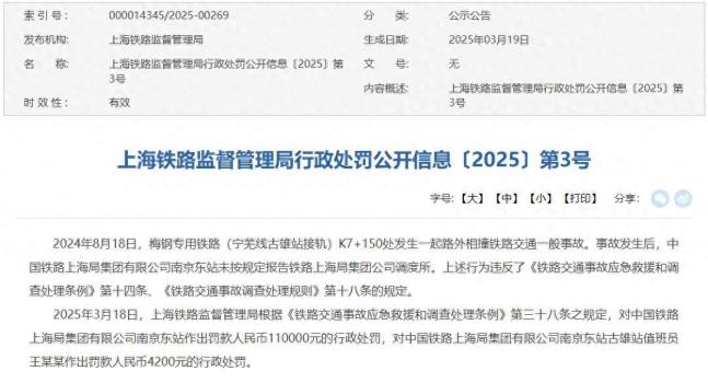 南京东站未报相撞事故被罚11万元 违规行为受惩处