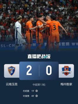 中超：云南玉昆2-0梅州客家 豪取三连胜暂升第6