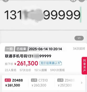 尾号99999手机号拍出26.13万元 57轮竞拍落锤