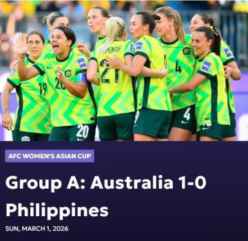 女足亚洲杯揭幕战：澳大利亚胜菲律宾 克尔头球制胜