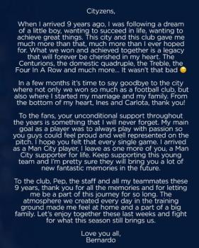 B席告别信：九年的曼城时光太棒了，感谢所有球迷和工作人员 心中永恒的蓝月情愫