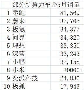 5月新勢力銷量TOP10 零跑領(lǐng)跑破8萬