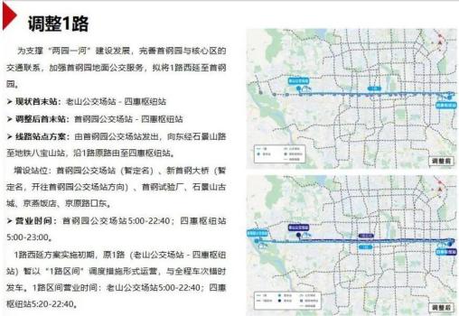 北京9条公交线路计划调整 1路拟西延至首钢园